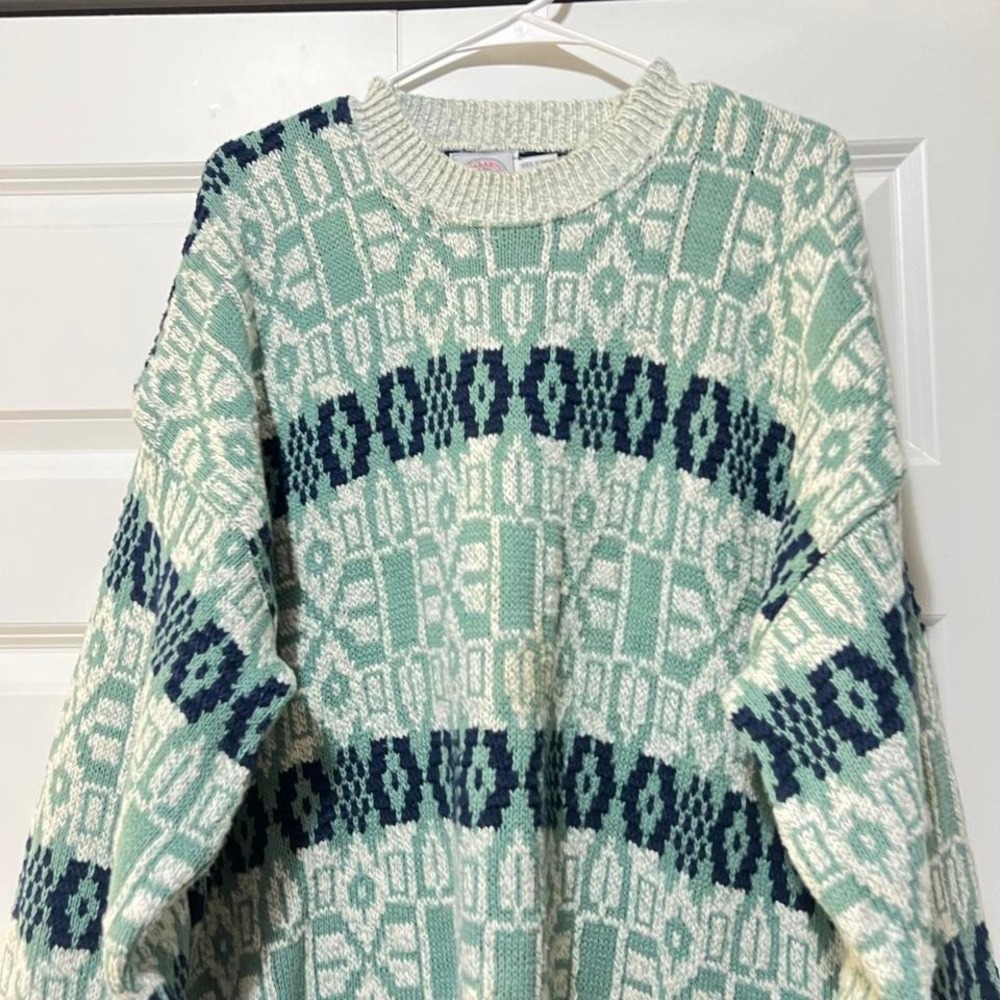 Green and white 100% wool vintage 90s knit crewneck sweater - Picture 2 of 4